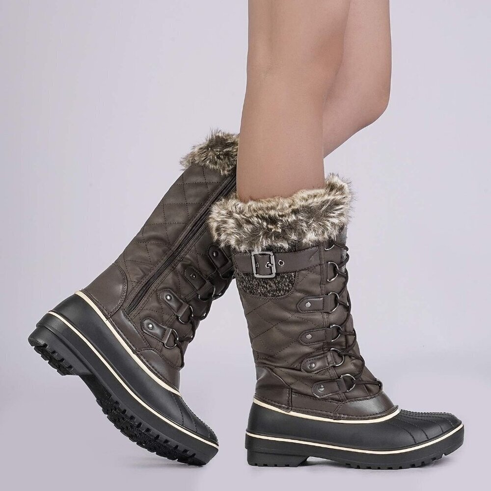 Women's Brown Warm Faux Fur Lined Mid Calf Winter Snow Boots - Picture 5 of 7